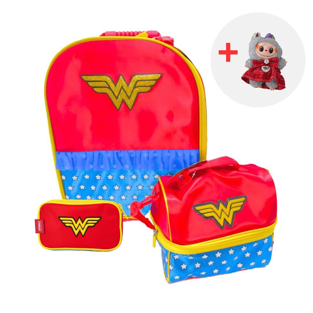 SET MOCHILA ESCOLAR WONDER WOMAN CLASS + LABUBU